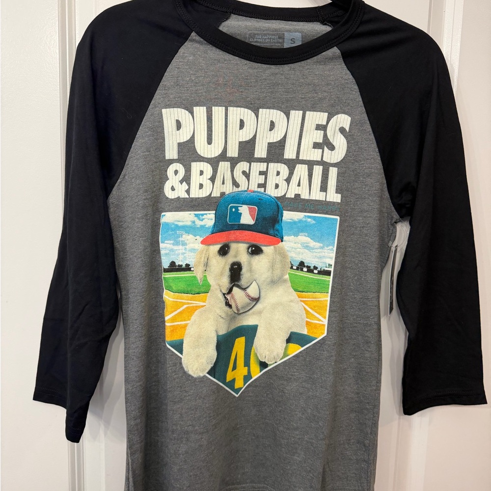 Puppies & Baseball Raglan Sleeve Shirt - Black and Gray